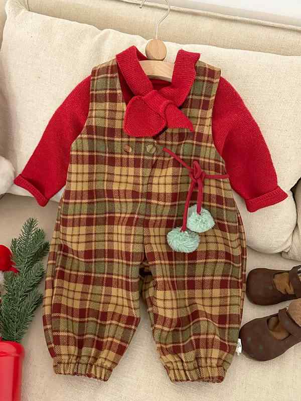 子供用パンツセット 冬物 チェック柄 サロペット 赤色ニット 長袖 2点セット 幼児 女の子 かわいい 普段使い お出かけ 4,420円