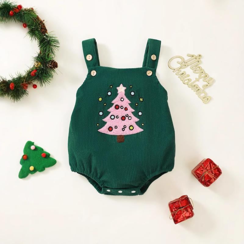 ベビー服 クリスマス クリスマスツリー 刺繍 コーデュロイ サロペット ロンパース かわいい 孔雀緑 綿 男女兼用 秋冬