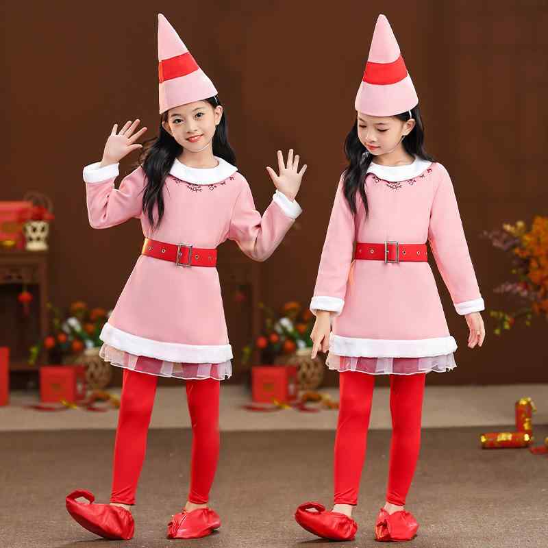 ワンピース キッズ 子供 クリスマス コスチューム 長袖 Aライン チュールスカート 妖精 エルフ 衣装 ハロウィン パーティー イベント 発表会 舞台衣装 緑 ピンク系 秋冬