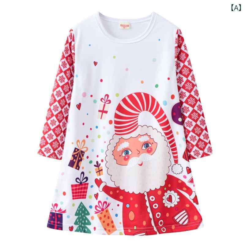 ワンピース キッズ クリスマス コスチューム カートーン プリント 長袖 Aライン 春秋 かわいい 子供 女の子 膝丈 ポリエステル混紡 90 100 110 120 130 140cm