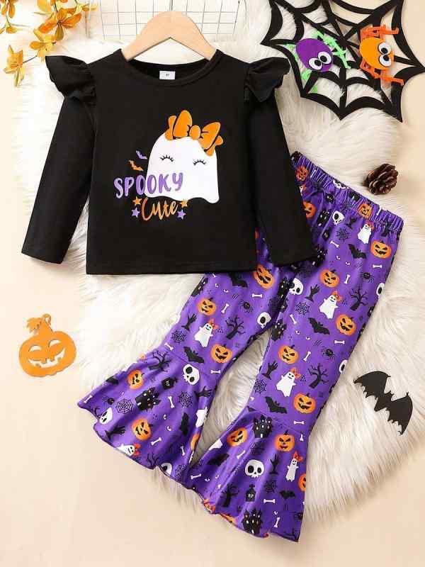 子供用パンツセットアップ ハロウィン 幽霊 カボチャ 英字 ラッパズボン 2点セット 幼児 小学生 春秋 綿 65%