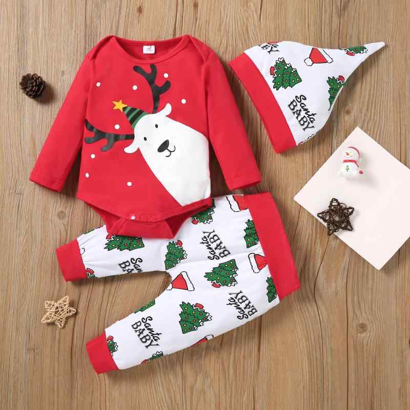 ベビー服 上下セット クリスマス 赤ちゃん 長袖 ロンパース ズボン 帽子付き かわいい 綿 秋冬 70 80 90 100