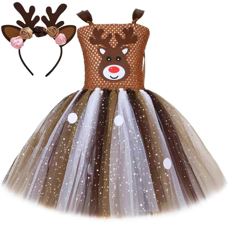 子供服 女の子 クリスマス 鹿 ワンピース 子供 プリンセス スカート スパンコール チュール スカート カチューシャ付き 誕生日 パーティー ハロウィン コスチューム 膝丈 チュールスカート
