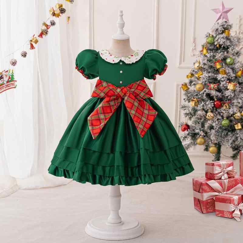 子供用 フォーマルドレス クリスマス エルフ コスチューム ワンピース チュールスカート パフスリーブ Aライン リボン かわいい プリンセスドレス パーティー 結婚式 発表会 イベント 秋冬