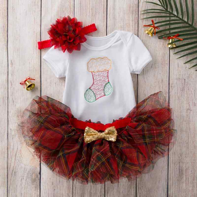 ベビー服 女の子 クリスマス 刺繍 半袖 ロンパース チュチュスカート ヘアバンド 3点セット かわいい 公園着 部屋着