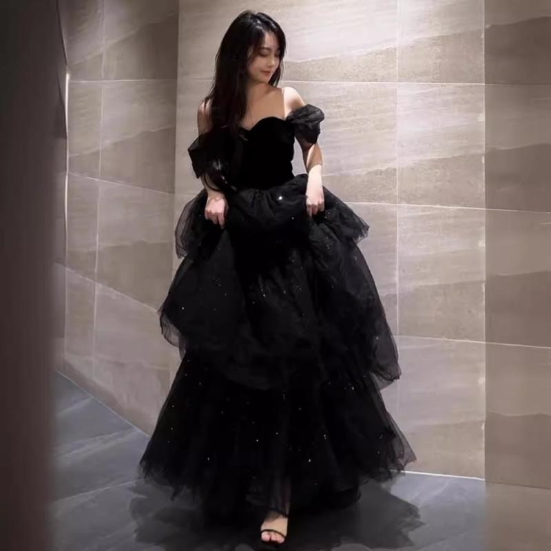 パーティードレス レディース ブラック ポリエステル イブニングドレス ロングドレス チュールスカート Aライン 無袖 結婚式 二次会 演奏会 発表会 フォーマル｜Tanzan
