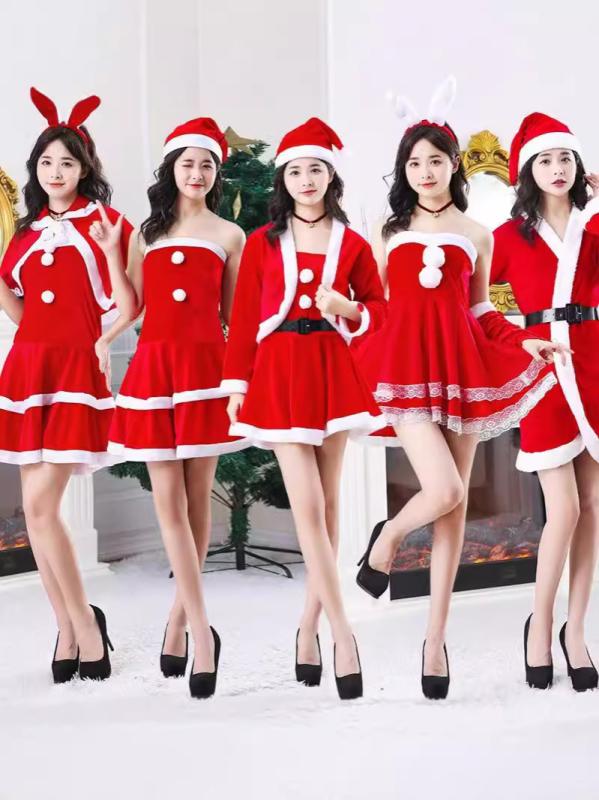 クリスマス コスチューム レディース サンタクロース 衣装 ベルベット ドレス パーティー イベント 舞台 演出服 レッド 赤 S M L XL XXL XXXL
