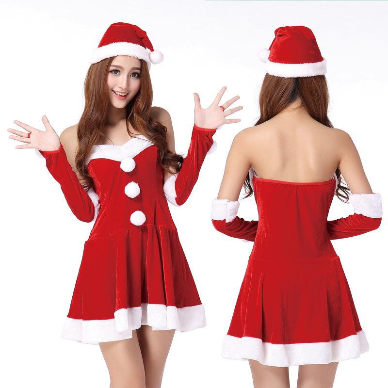 クリスマス コスチューム レディース サンタクロース 衣装 ワンピース 手袋付き ベルベット 赤色 18-24歳向け