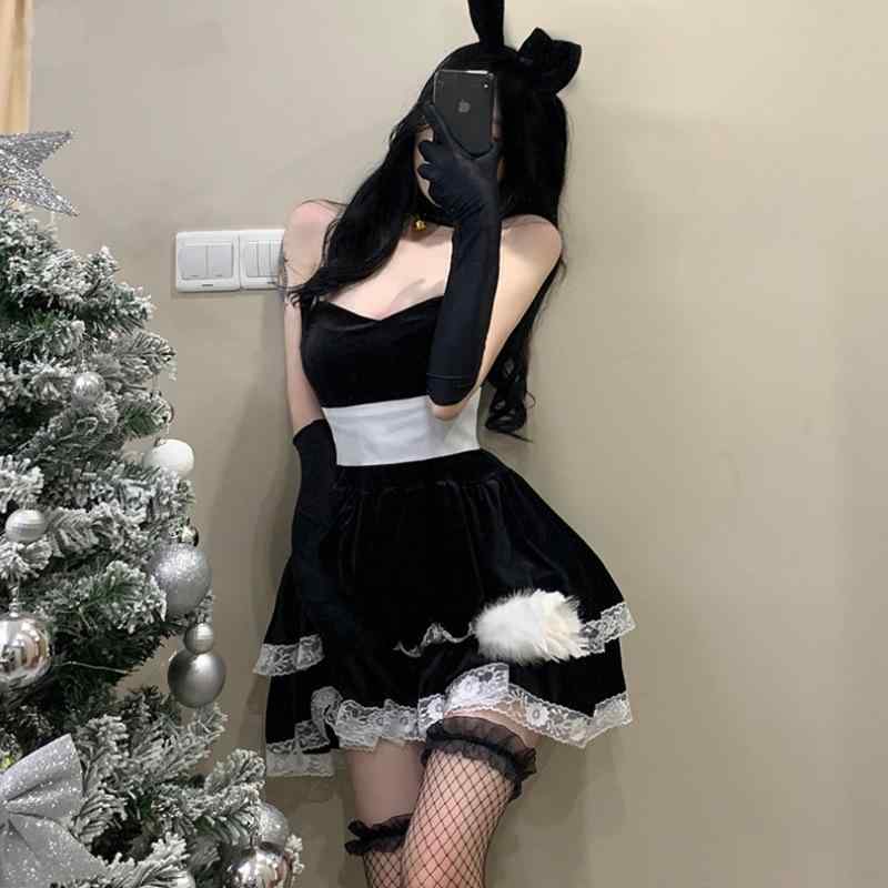 コスプレ衣装 レディース クリスマス バニーガール 黒 白 ワンピース 膝丈 ポリエステル 舞台 イベント パーティー