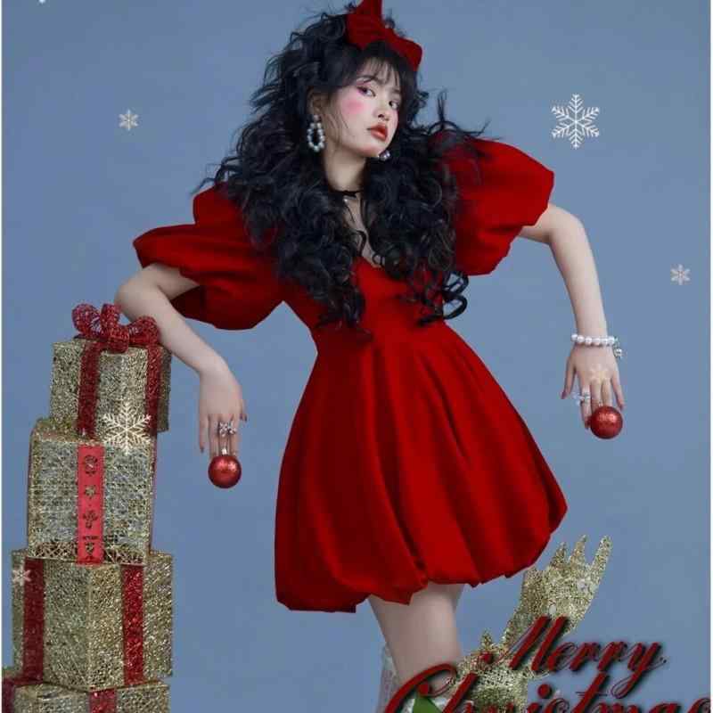 クリスマス コスチューム 女の子 ワンピース 帽子付き ソックス付き 写真撮影 舞台衣装 ポリエステル 無地 レッド系 18-24歳