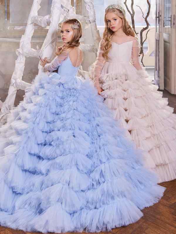 子供用ドレス プリンセスドレス ピアノ発表会 演奏会 衣装 フォーマルドレス ガールズドレス ロングドレス チュール ティアードスカート Aライン 結婚式 パーティー イベント 写真撮影 ハロウィン クリスマス 舞台衣装 100cm 110cm 120c