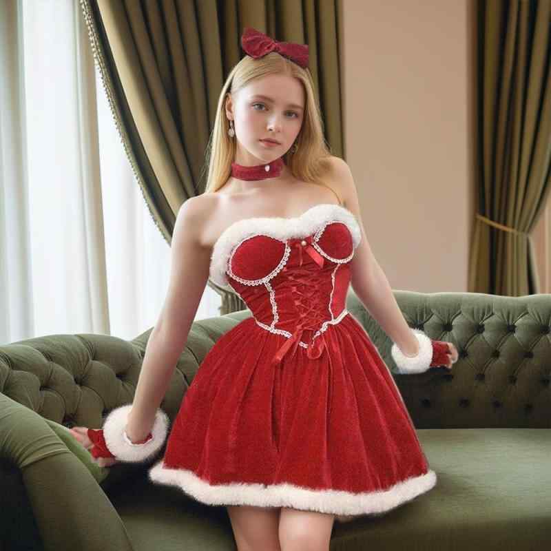 クリスマス コスチューム レディース セクシー ランジェリー セット ビスチェ ワンピース 新年 赤 緑 ポリエステル 制服 メイド服 パーティー イベント