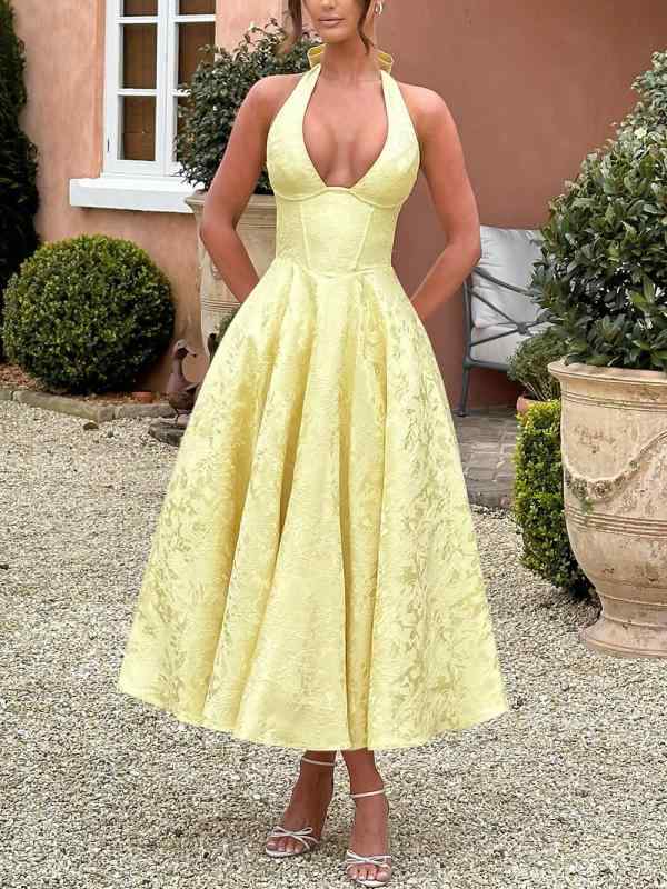 ワンピース レディース Vネック ノースリーブ ロングドレス 高腰 提花 3D効果 ポリエステル パーティー 結婚式 二次会 お呼ばれ ブラック