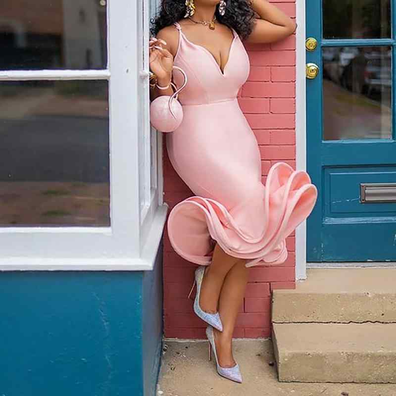 ワンピース レディース パーティードレス 深Vネック ノースリーブ タイト 魚尾 ミモレ丈 エレガント 結婚式 二次会 お呼ばれ 発表会 演奏会 披露宴 大?型 無地 ポリエステル 白色 ピンク イエロー レッド ブラック 杏色 深藍色 パープル系 ・摩?