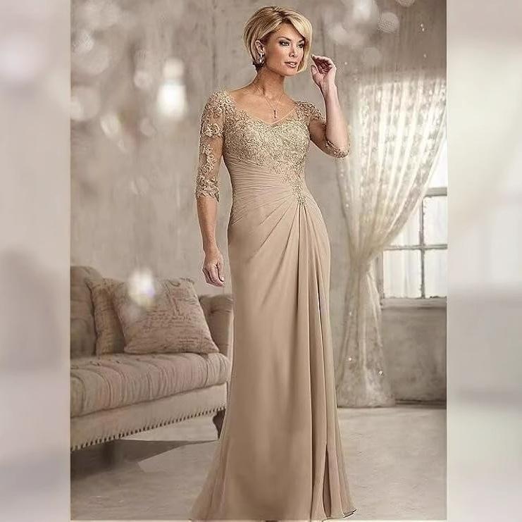 ワンピース レディース パーティードレス 深Vネック ロングドレス ポリエステル チュール 宴会 イブニングドレス 結婚式 二次会 発表会 演奏会 フォーマルドレス 膝下丈 5分袖/中袖 無地 Aライン ドレープ エレガント 上品 華やか イベント パー|Tanzan