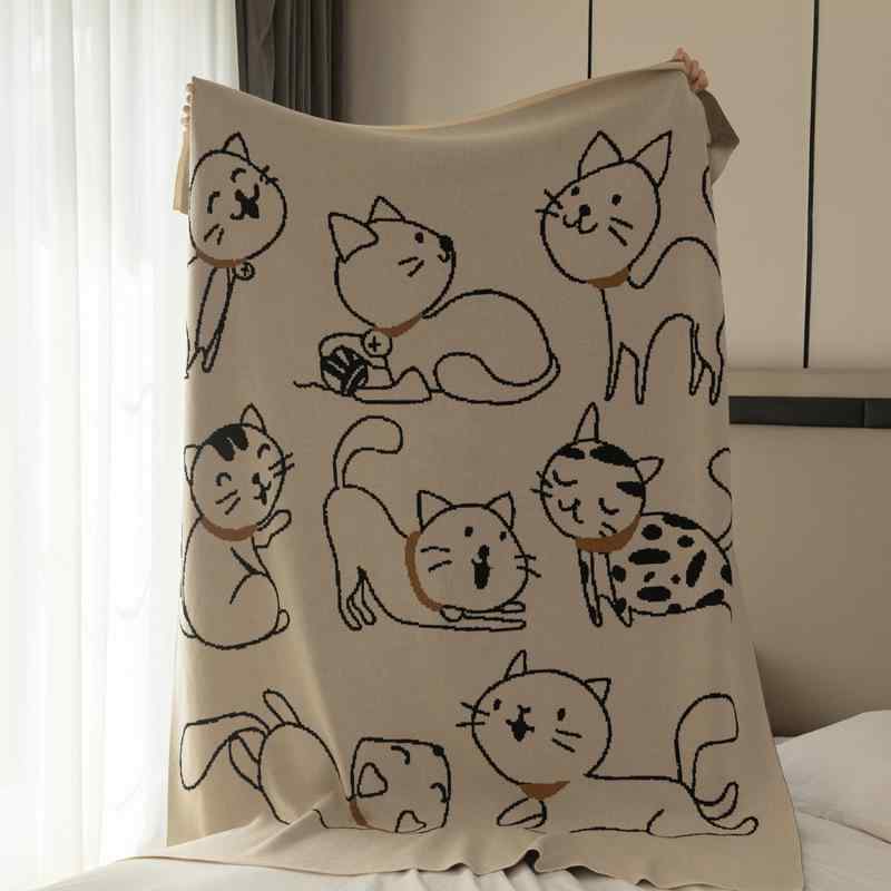 ブランケット 猫柄 純綿 ニット ソファ オフィス 昼寝 オールシーズン ブラック ホワイト 130×170cm