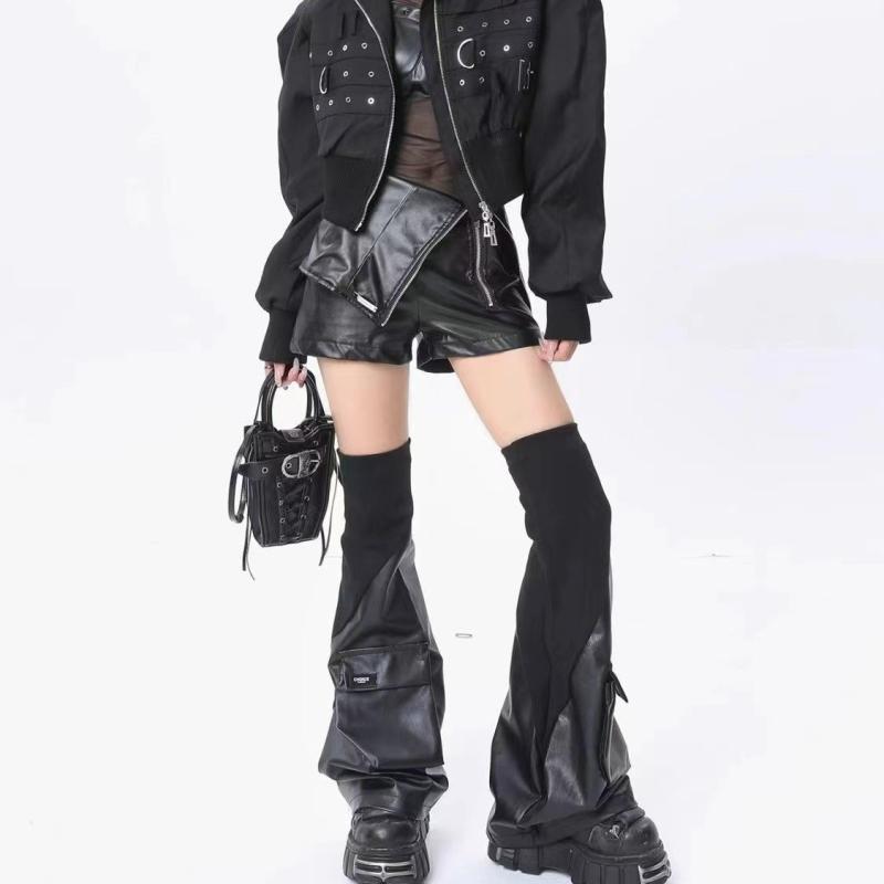靴下・レッグウォーマー レディース ブラック PUレザー レッグウォーマー JK 制服風 ソックス 立体ポケット ミドル丈 筒型 切り替え デニム風 カジュアル 春夏秋冬