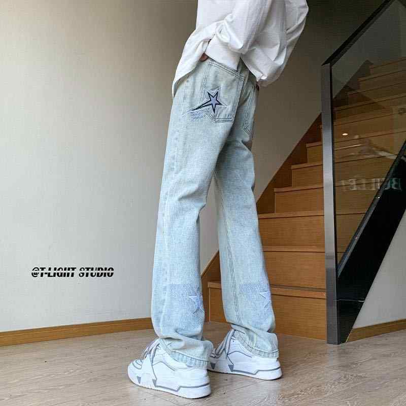 ジーンズ 男性用 ストレート ワイドレッグ 刺繍 星柄 デニムパンツ ブラック ブルー