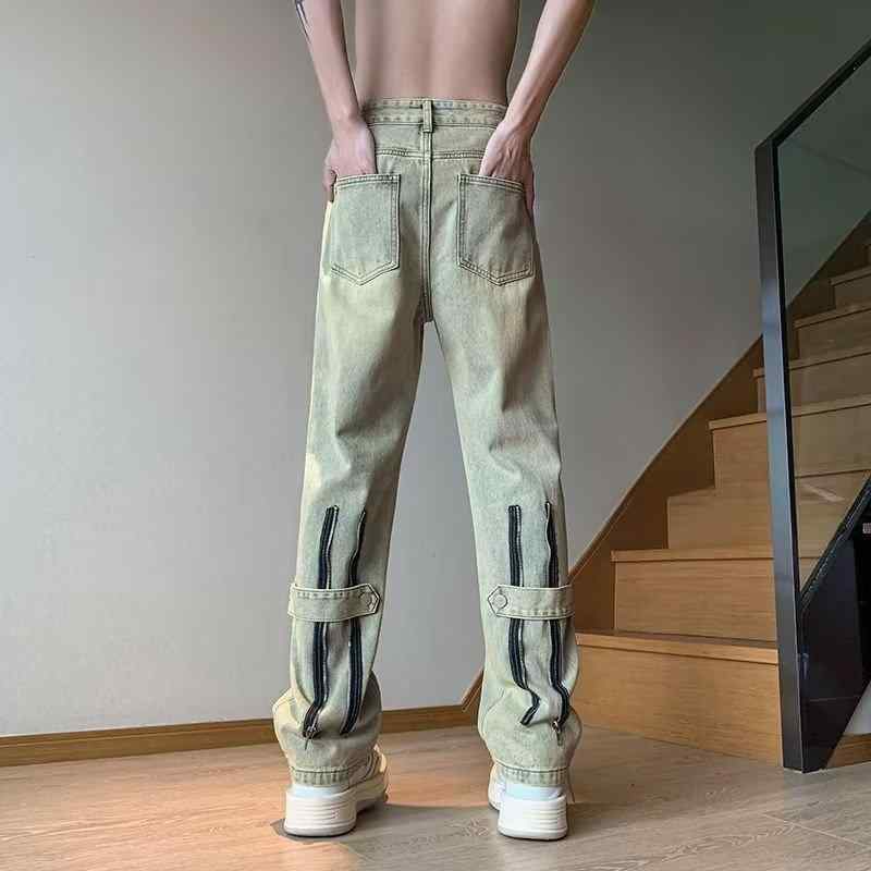 ジーンズ 男性用 Gパン デニム ウォッシュド加工 ストレートパンツ ロングパンツ ボトムス ブラック イエロー 普段使い