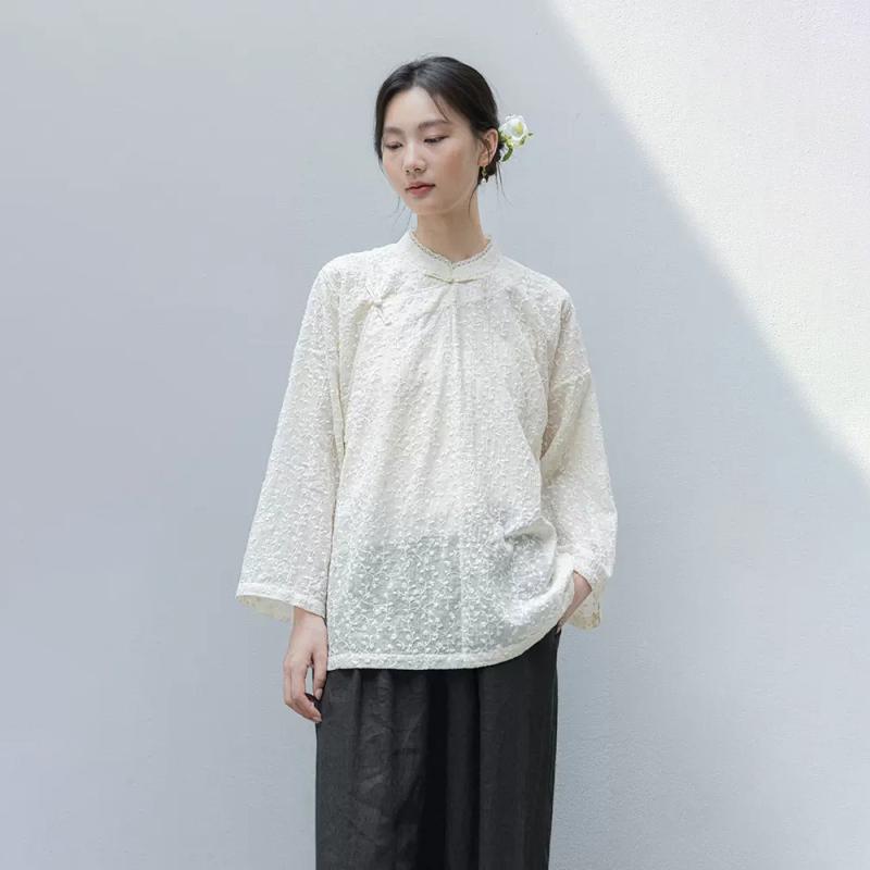 シャツ レディース 長袖 コットン 刺繍 花柄 米白 トップス 薄手 日焼け止め 立襟 ドロップショルダー 通勤 Mサイズ