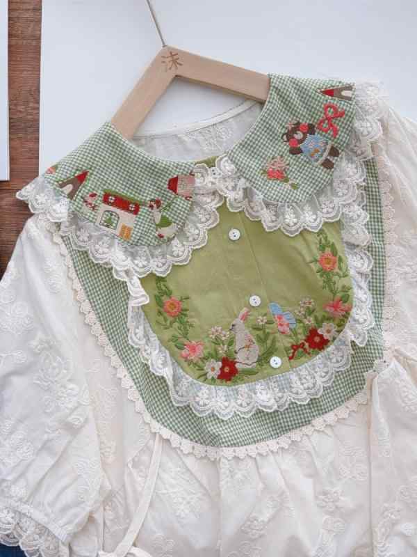 シャツ レディース 格子柄 レース 花柄 刺繍 半袖 コットン トップス ピンク系 イエロー グリーン ゆったり 娃娃? 春夏