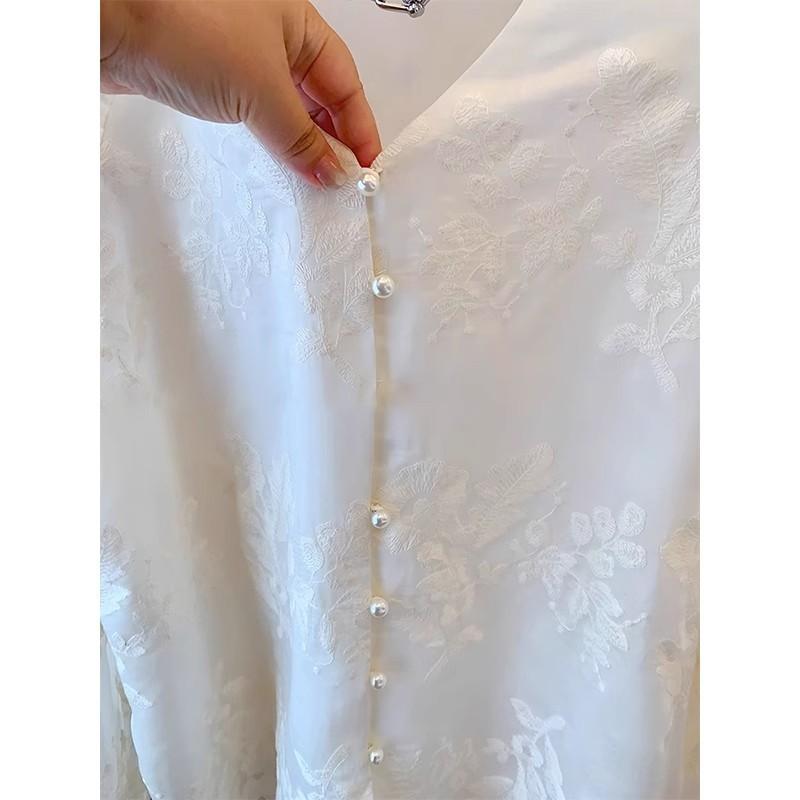 シャツ レディース 半袖 レース コットン 刺繍 大? ゆったり 新中式 トップス ミルクホワイト