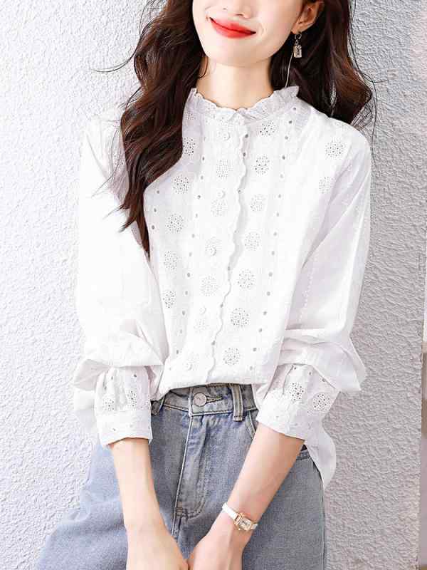 シャツ レディース レース 花柄 長袖 コットン 杏色 トップス 立ち襟 ランタンスリーブ ゆったり 通勤 オフィス きれいめ かわいい
