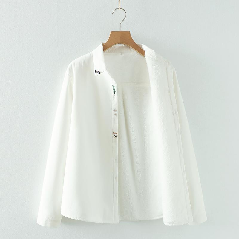 シャツ レディース 長袖 裏起毛 純綿 トップス 冬 暖か 厚手 刺繍 かわいい インナー ブラウス 白 文芸風 レトロ