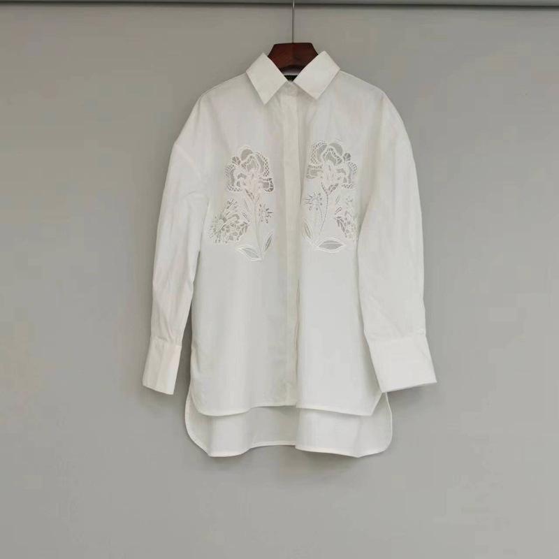 シャツ レディース 春夏 花柄 刺繍 コットン チュニック 長袖 ブラウス ゆったり 清涼感 白