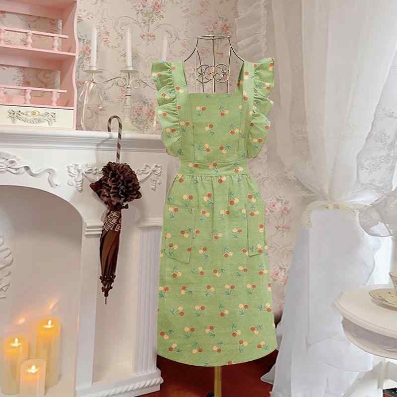 エプロン レディース グリーン 桜んぼう フリル ワークエプロン 家庭用 汚れにくい 女性用 かわいい