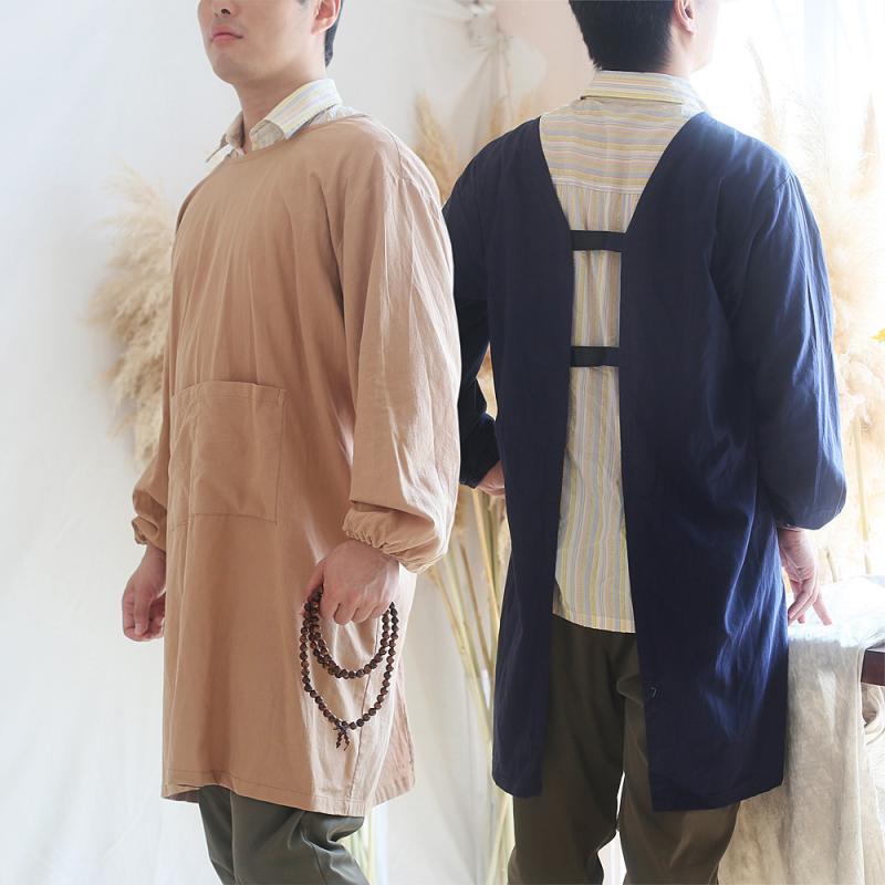 エプロン 男女兼用 レディース メンズ 全棉 コットン 防水 撥水 長袖 汚れ防止 ワークエプロン 料理用 家庭用 シンプル 無地 ダークブルー ブラウン ベージュ