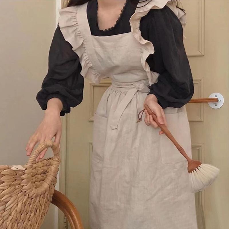 エプロン レディース カフェ キッチン ワーク 無地 コットン リネン 花柄 フリル カーキ ピンク グレー グリーン ブルー 同色アームカバー付き