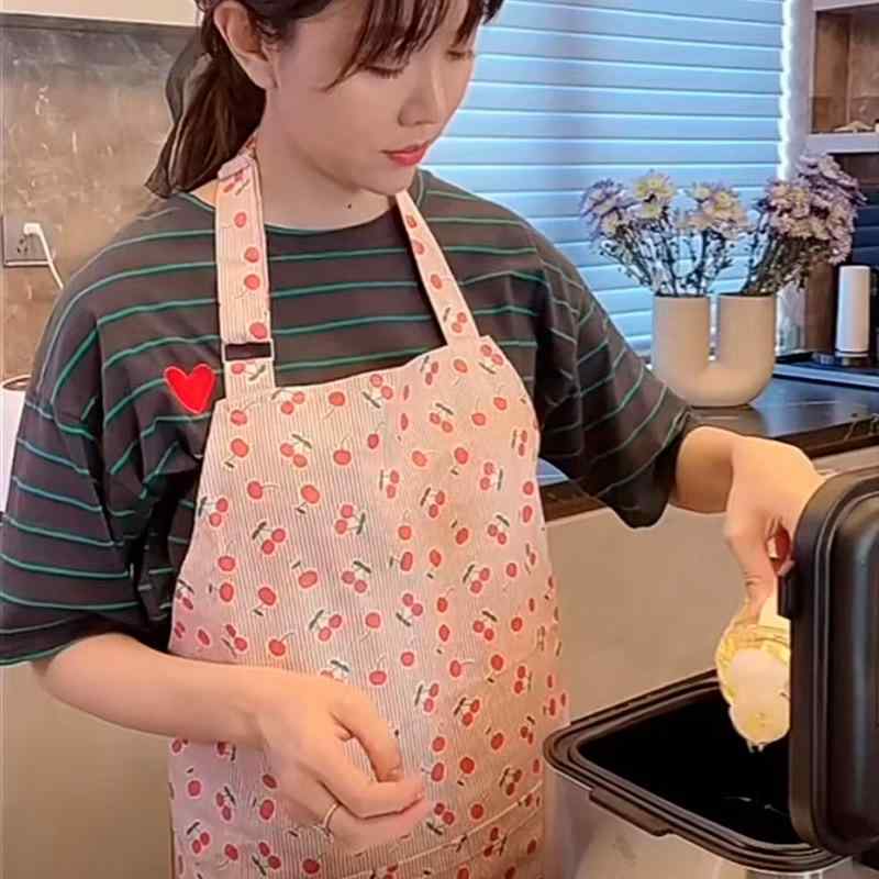 エプロン レディース 料理用 カフェ風 撥水 汚れ防止 かわいい 桜桃柄 ポリエステル 家庭用 キッチン用