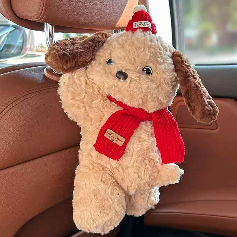 車載ティッシュケース 車用ティッシュカバー 犬 カーシート ティッシュホルダー 車内収納 ぬいぐるみ かわいい 赤 黒 ベージュ ドット チェック アニマル