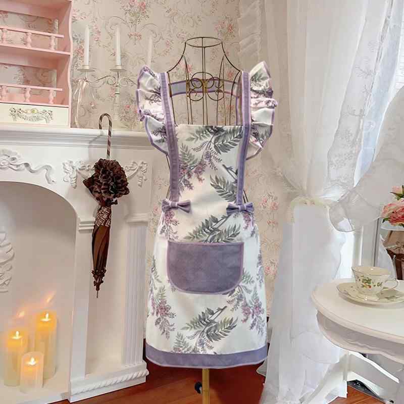 エプロン レディース 女性用 薄手 家庭用 かわいい おしゃれ 紫色 花柄 ポリエステル