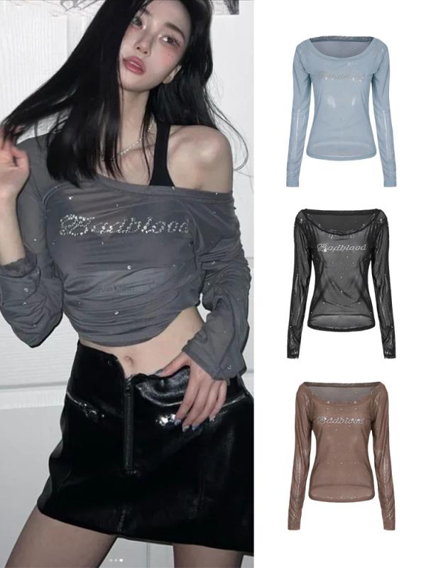 Tシャツ レディース 長袖 スリムフィット チュール トップス カットソー 肩出し セクシー 韓国風 黒 ブラック グレー ブルー 再生繊維