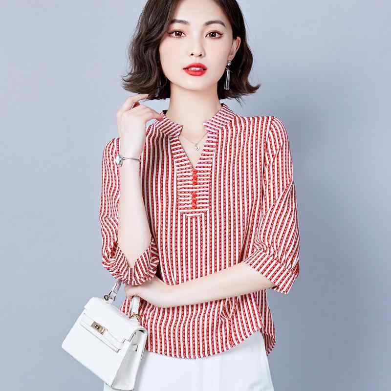 シャツ レディース 七分袖 ストライプ チュニック ゆったり Vネック 接触冷感 ブラウス 3XL 4XL 大きいサイズ カキー色 ブラック レッド
