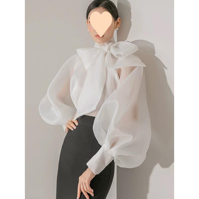 シャツ レディース バタフライ リボン パフスリーブ シフォン ブラウス トップス 透け感 エレガント きれいめ 通勤 オフィス カジュアル ホワイト ブラック ピンク系 グリーン S M L XL