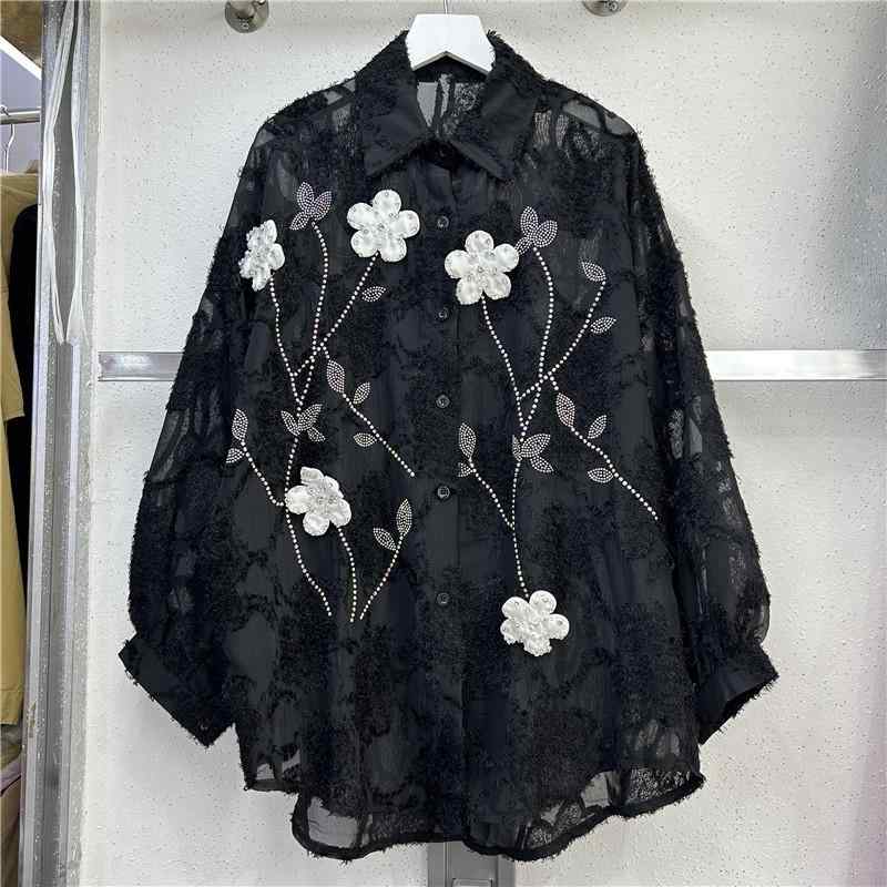 シャツ レディース 長袖 ゆったり 襟付き 中丈 花柄 黒 白 ビジュー シフォン トップス 通勤 お洒落