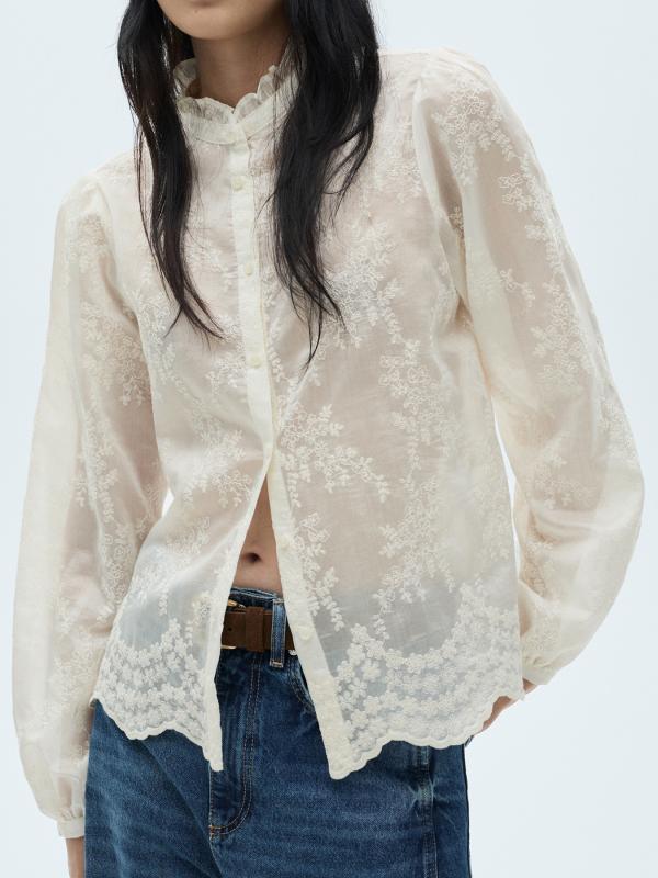 シャツ レディース 春夏 長袖 刺繍 ポリエステル シフォン 透け感 トップス ブラウス 杏色 ゆったり おしゃれ かわいい ストリート カジュアル S M L XL XXL