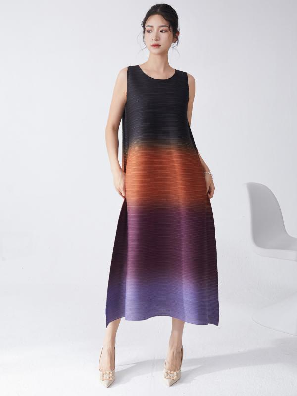 ワンピース レディース 高級感 2025年春夏 Aライン ノースリーブ ロング丈 gradation プリーツ ゆったり 普段使い 通勤 橙色 青色 緑色 ポリエステル｜Tanzan