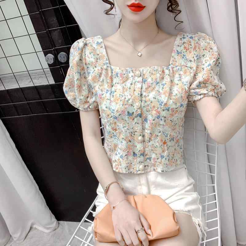 シャツ レディース 半袖 小花柄 シフォン ブラウス デザイン カットソー パフスリーブ ショート丈 トップス 黄色 赤色 通勤 オフィス カジュアル 春夏