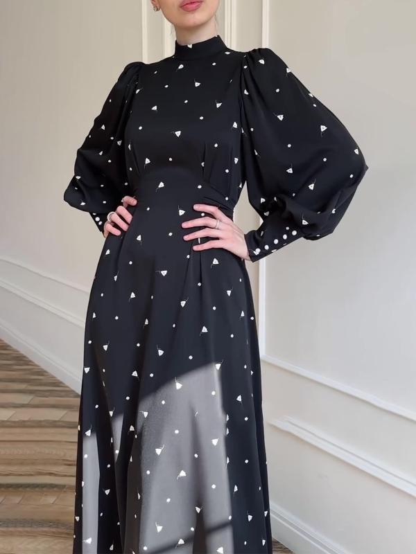 ワンピース レディース 春 長袖 花柄 ゆったり ギャザー フレア ロング丈 膝下 ミモレ丈 Ａライン 知的 普段使い 通勤着 オフィス カジュアル エレガント 黒 ブラック 白 ホワイト