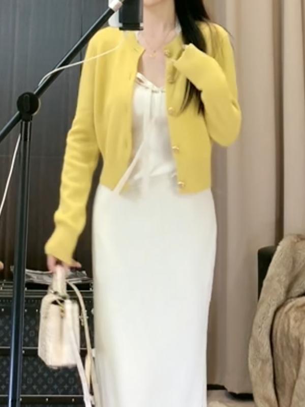 ニット カーディガン レディース 早秋 かわいい 長袖 トップス ウール 嫩姜黄色 肉桂粉 修身 花柄|Tanzan