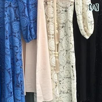 ワンピース レディース Vネック レース Aライン 膝下丈 ランタンスリーブ コットン ポリエステル 刺繍 刺・墸 結婚式 パーティー 二次会 お呼ばれ ドレス 黒 ブラック ベージュ ブルー