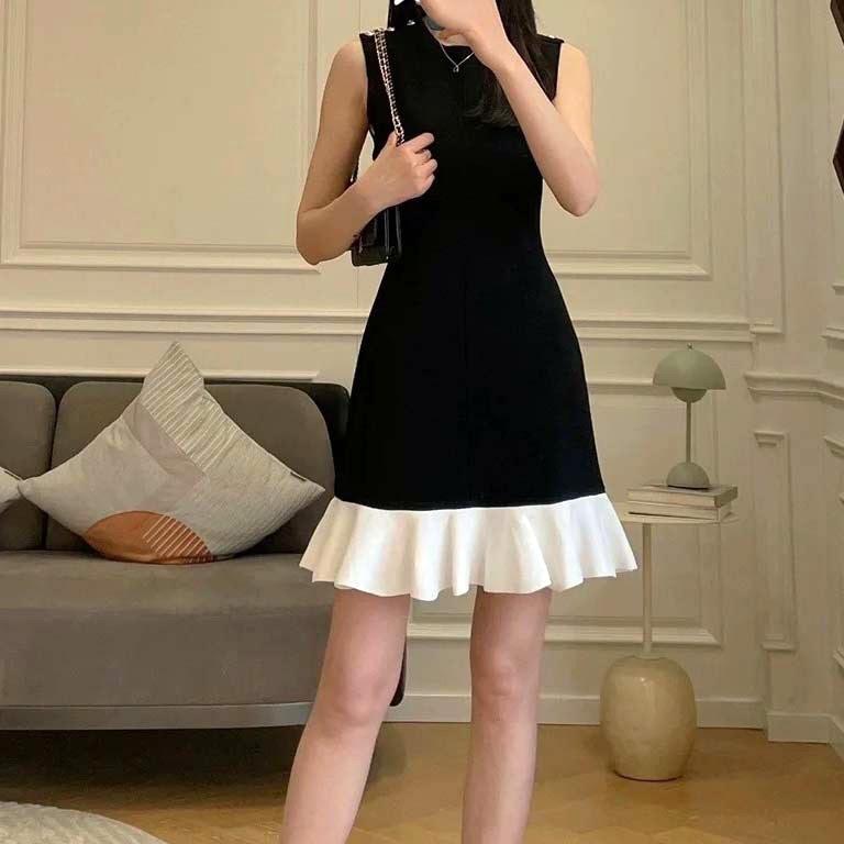 ワンピース レディース 春夏 ノースリーブ Aライン 黒 ブラック 切り替え ニット 膝丈 ミディ丈 かわいい きれいめ フェミニン ガーリー スイート ドッキング おしゃれ|Tanzan