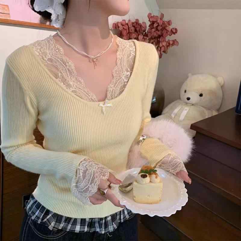 ニット レディース Vネック 長袖 レース インナー かわいい ガーリー フェミニン 少女 伸縮性 プルオーバー トップス カットソー 修身 無地 秋 接触冷感