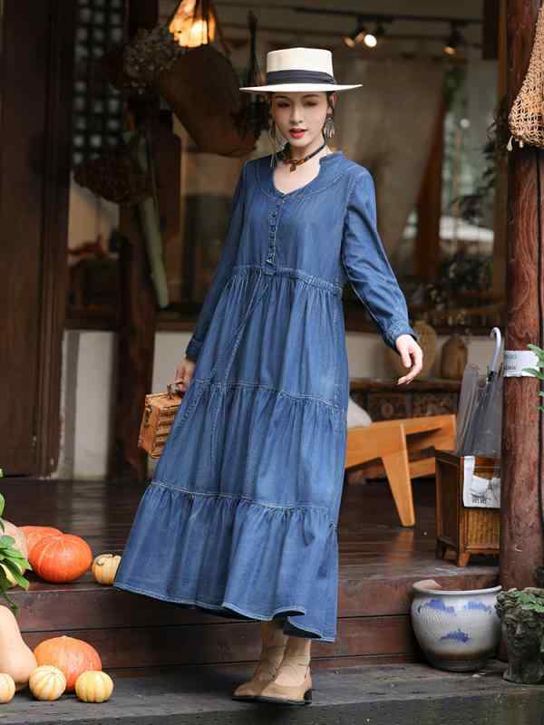 ワンピース レディース デニムワンピース 長袖 Uネック ロング丈 Aライン ゆったり 文芸復古 中 толстовк 春秋 デニム ブルー｜Tanzan