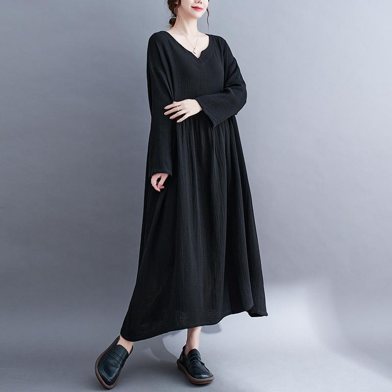 ワンピース レディース Vネック 長袖 ロングワンピース Aライン ゆったり マキシ丈 レトロ 文芸風 体型カバー おしゃれ かわいい ブラック ホワイト