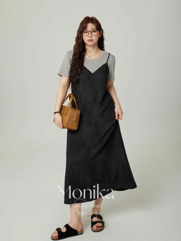 ワンピース レディース 大きいサイズ 半袖 Aライン ひざ丈 ミディアム丈 コットン ゆったり 婦人服 夏 黒 ブラック グレー モノトーン ラウンドネック カジュアル 普段使い